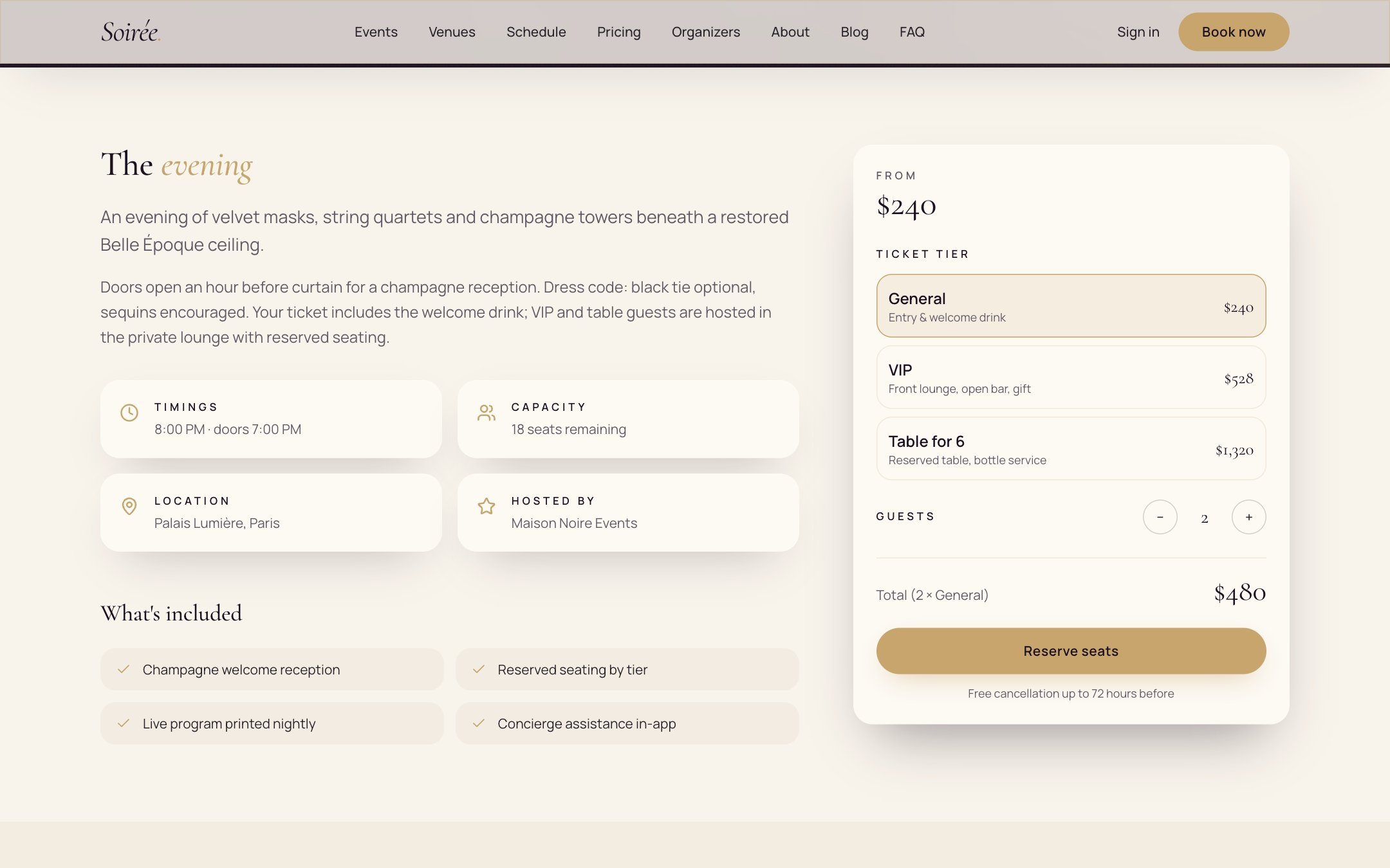 Ticket tiers, guest counter and live total on an event page