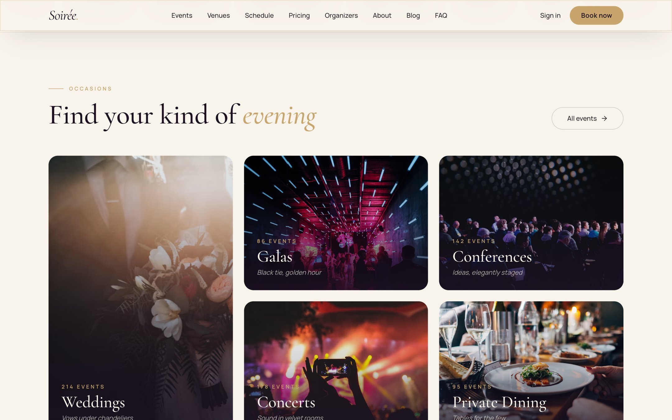 Occasions grid: weddings, galas, conferences, concerts, private dining