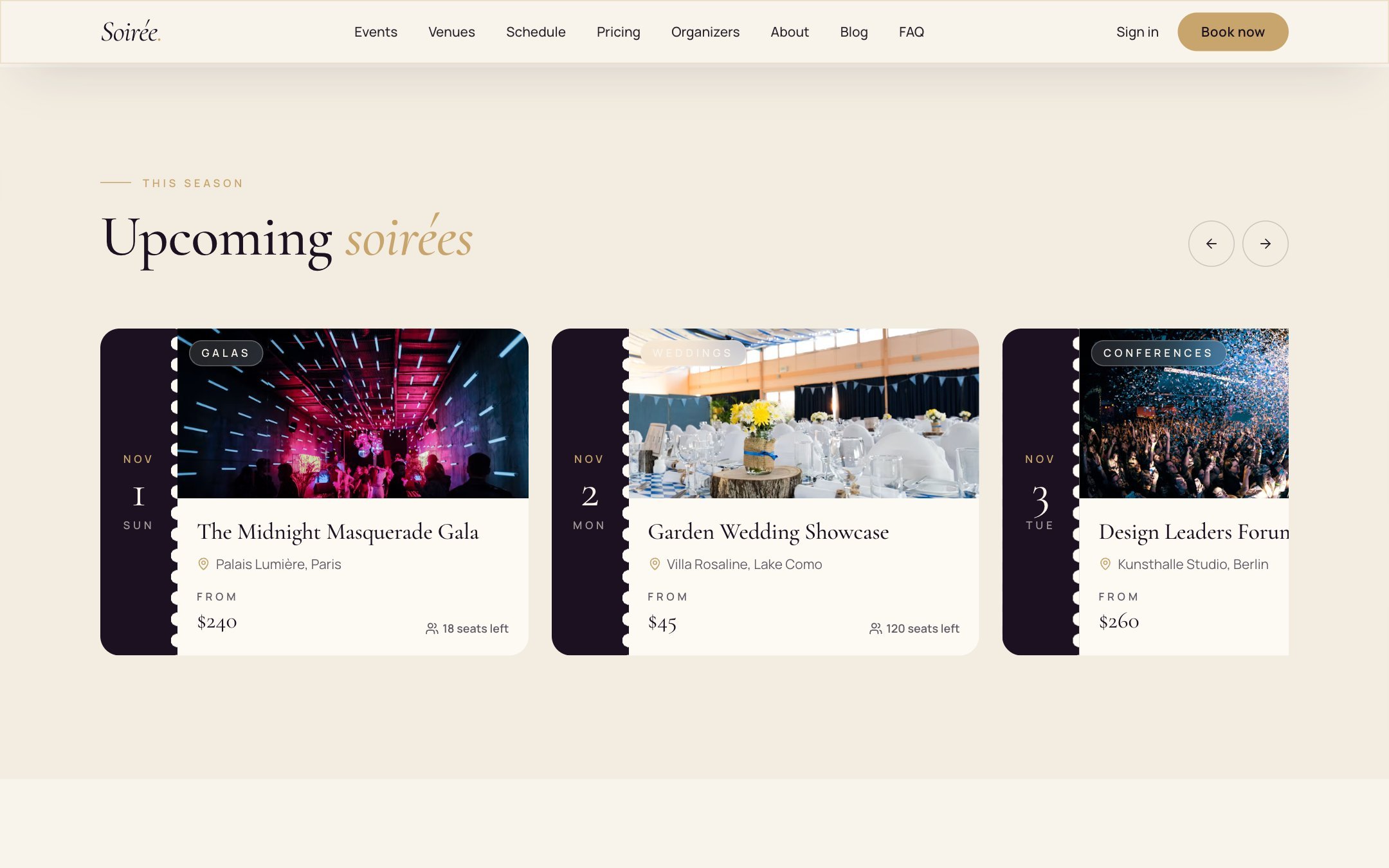 Upcoming soirées carousel with ticket-style event cards