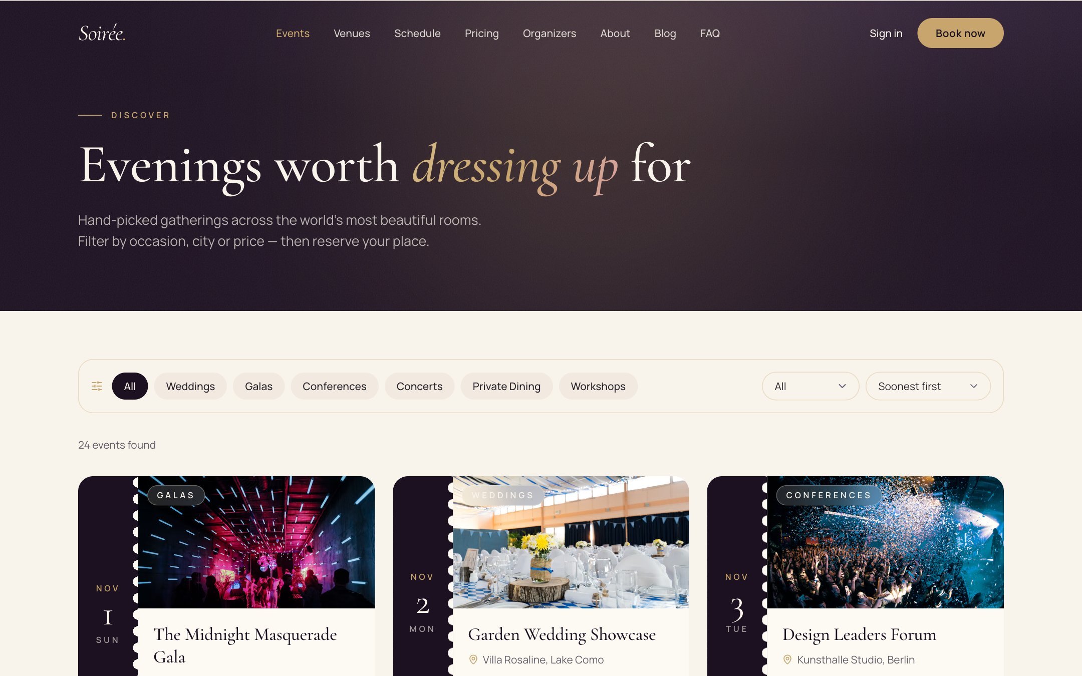 Events page with occasion and city filters and sorting