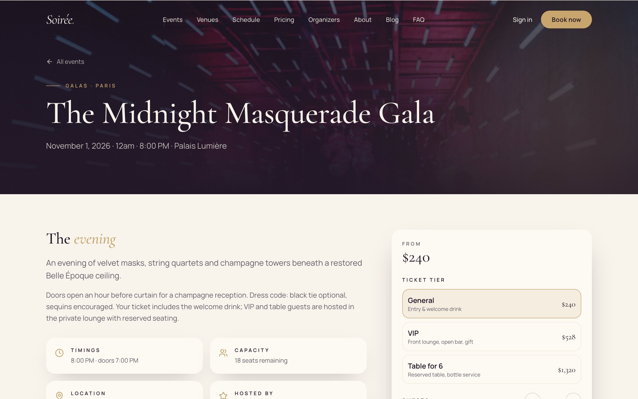 Event page hero for The Midnight Masquerade Gala