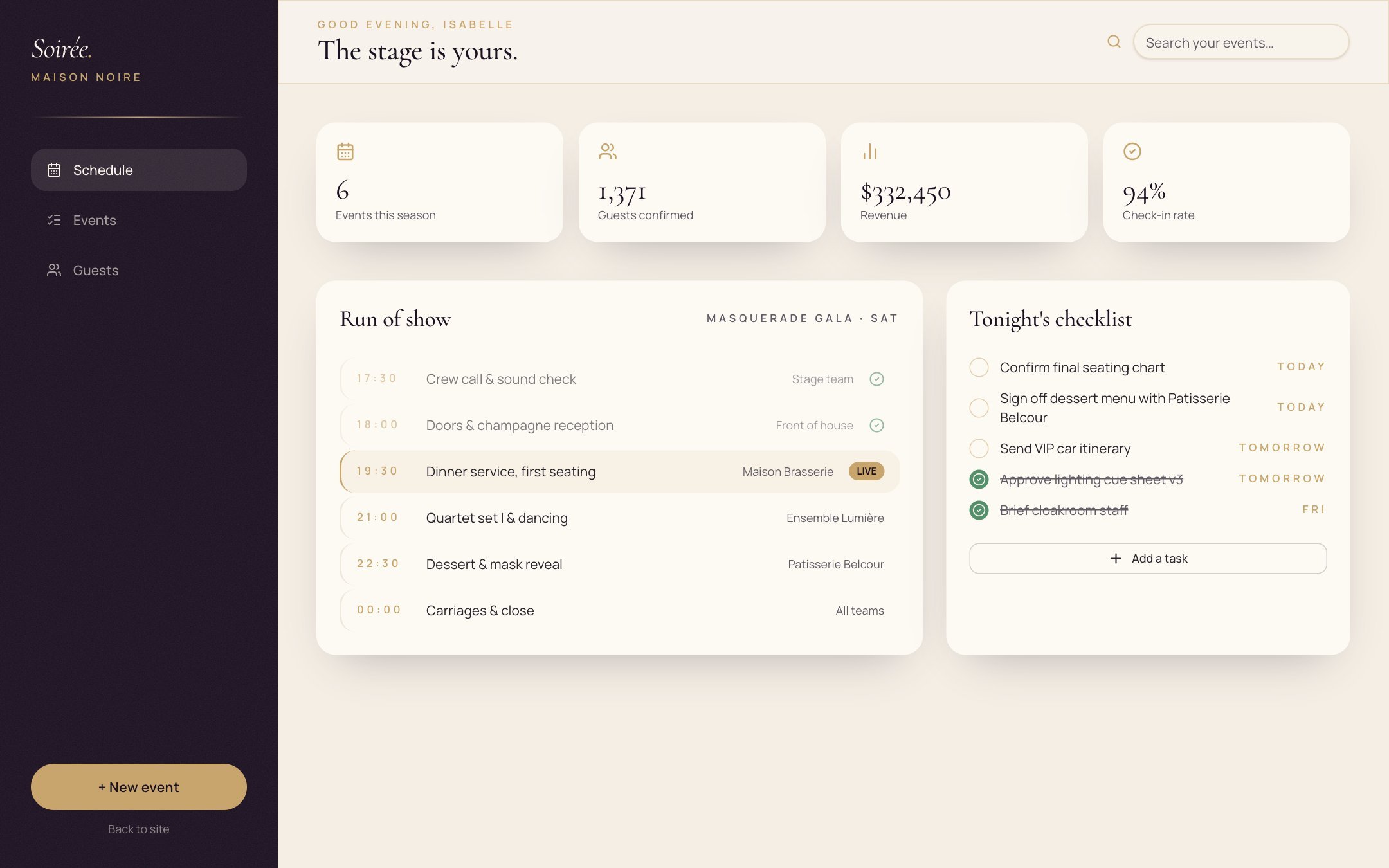 Organizer dashboard with run of show and checklist