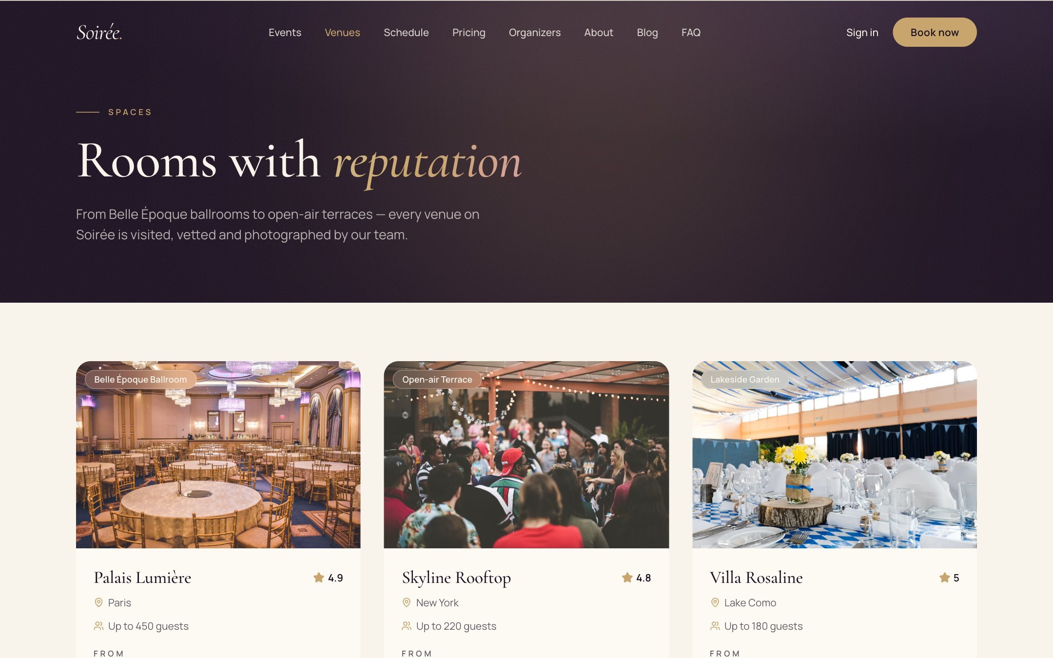 Venues directory with ratings and capacity